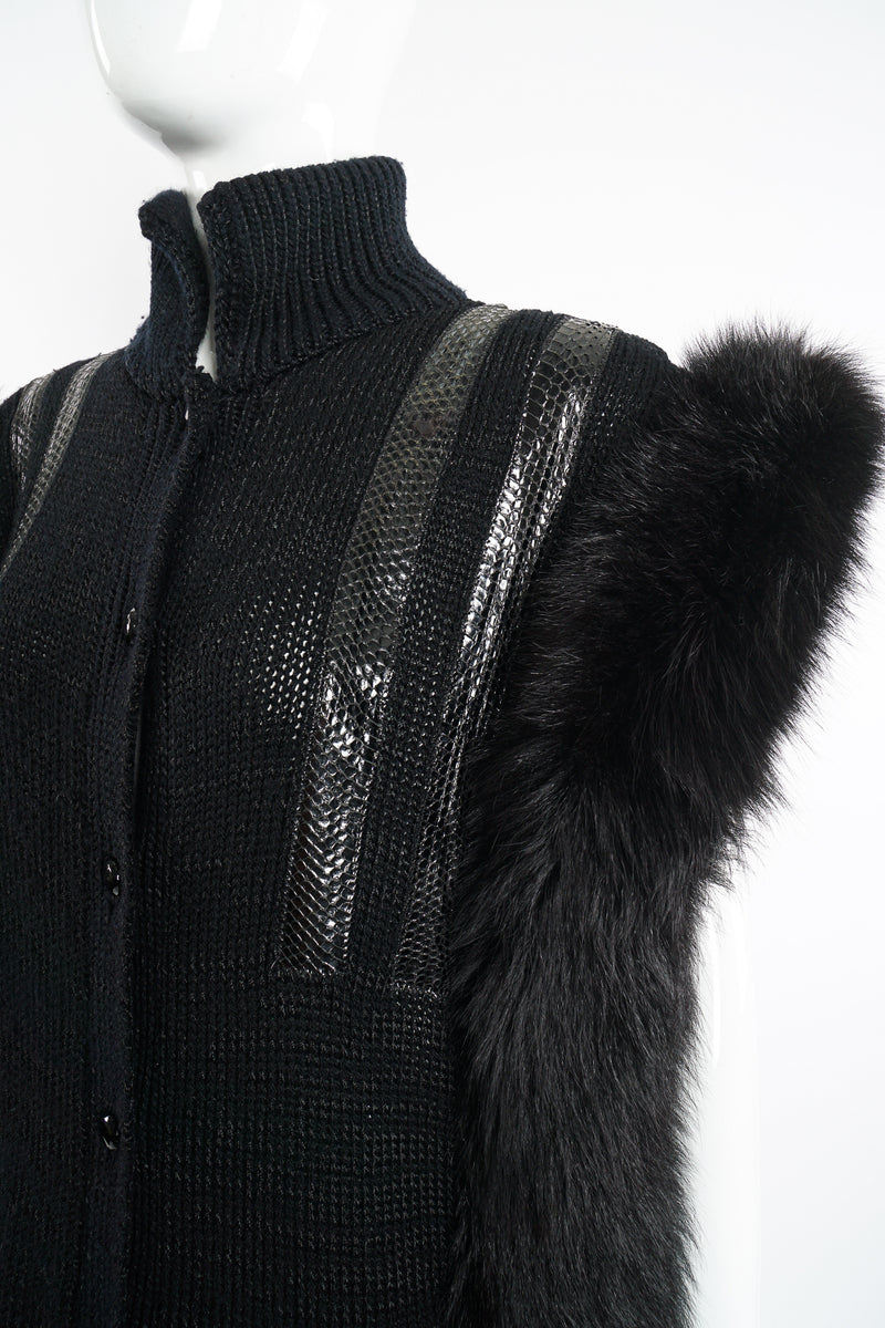 Vintage Delaware Street Long Fur Snake Trim Knit Vest on Mannequin shoulder at Recess Los Angeles