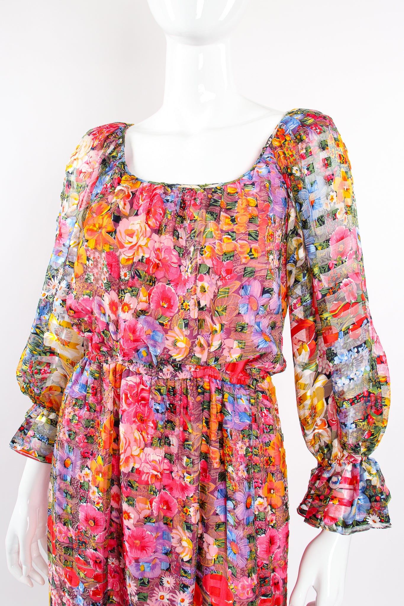 Vintage Diane Dickinson Gentillesse Floral Peasant Dress on Mannequin neck at Recess Los Angeles