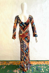 Vintage Diane Freis Buckle Horsebit Print Silk Bias Dress on Mannequin Back at Recess LA