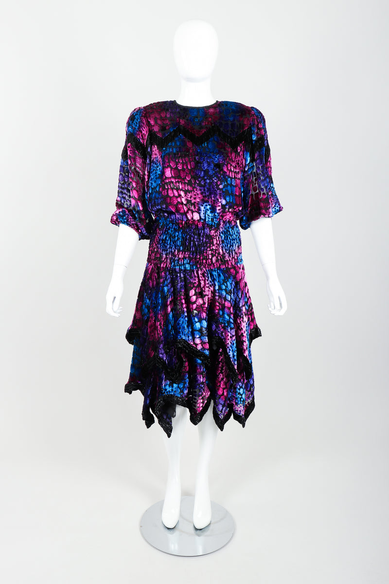 Vintage Diane Freis Velvet Lamé Handkerchief Dress on Mannequin front at Recess Los Angeles