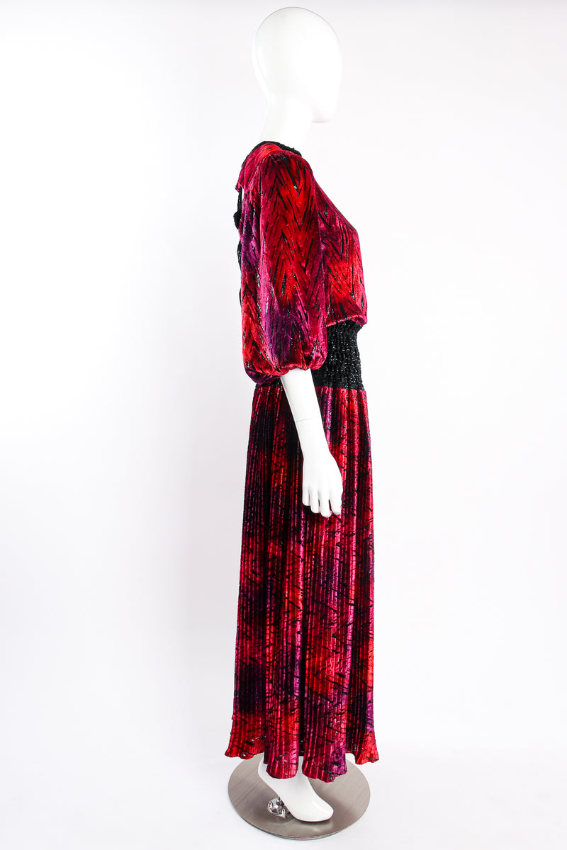 Vintage Diane Freis Lattice Back Ballon Sleeve Velvet Lamé Dress on Mannequin side at Recess LA