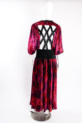 Vintage Diane Freis Lattice Back Ballon Sleeve Velvet Lamé Dress on Mannequin back at Recess LA