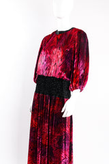 Vintage Diane Freis Lattice Back Ballon Sleeve Velvet Lamé Dress on Mannequin crop at Recess LA