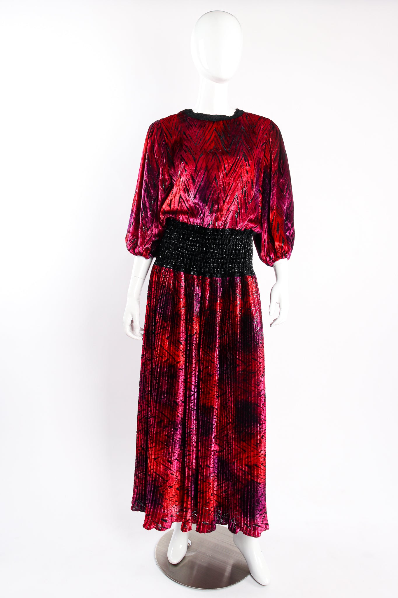 Vintage Diane Freis Lattice Back Ballon Sleeve Velvet Lamé Dress on Mannequin front at Recess LA