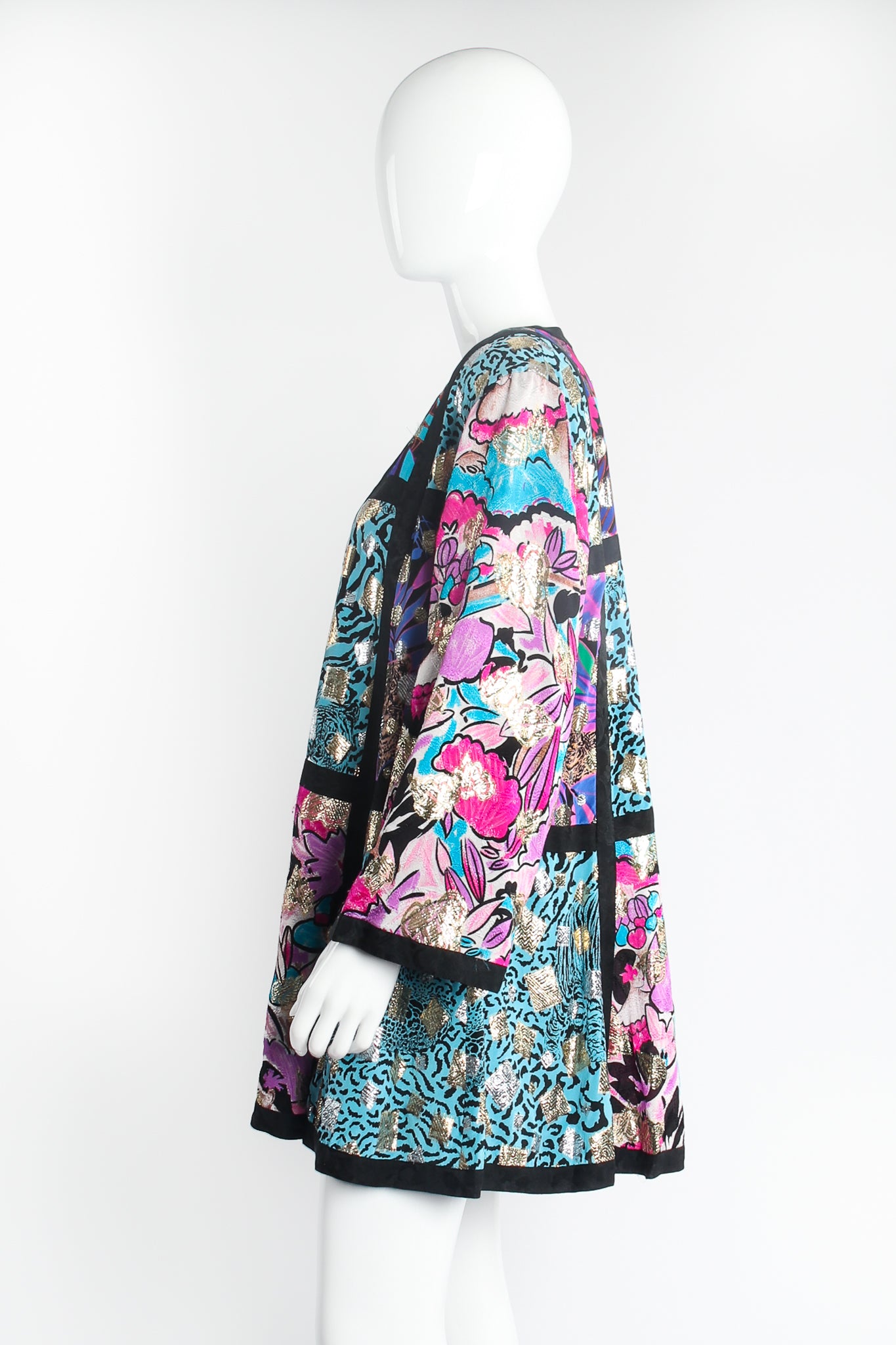 Vintage Diane Freis Metallic Silk Patchwork Collage Swing Jacket on mannequin side at Recess LA