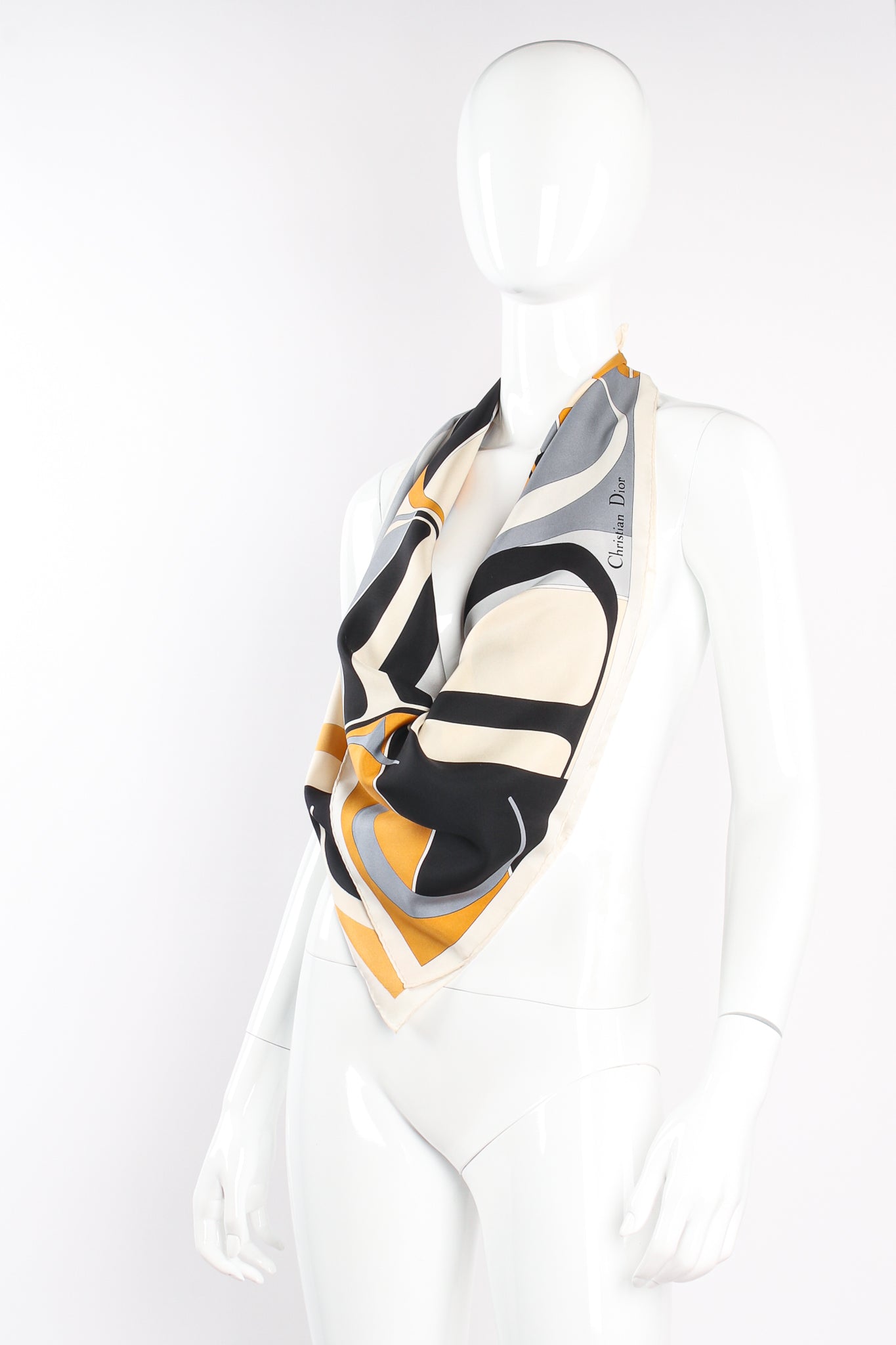 Vintage Christian Dior Colorblock Monogram Silk Scarf on mannequin at Recess Los Angeles