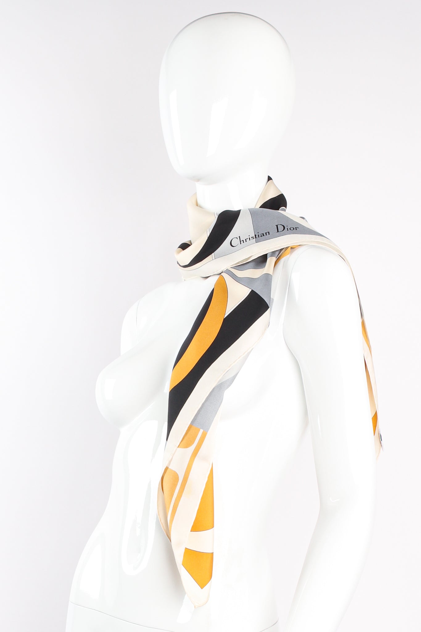 Vintage Christian Dior Colorblock Monogram Silk Scarf on mannequin at Recess Los Angeles