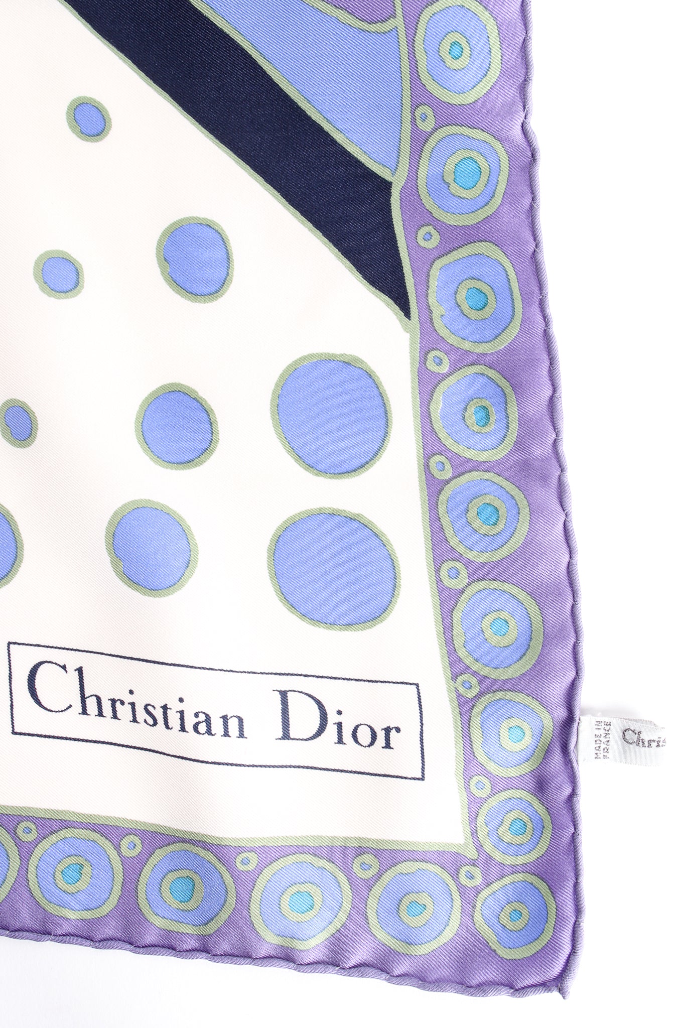 Vintage Christian Dior Graduated Dot Nautilus Swirl Silk Scarf signature tag at Recess Los Angeles