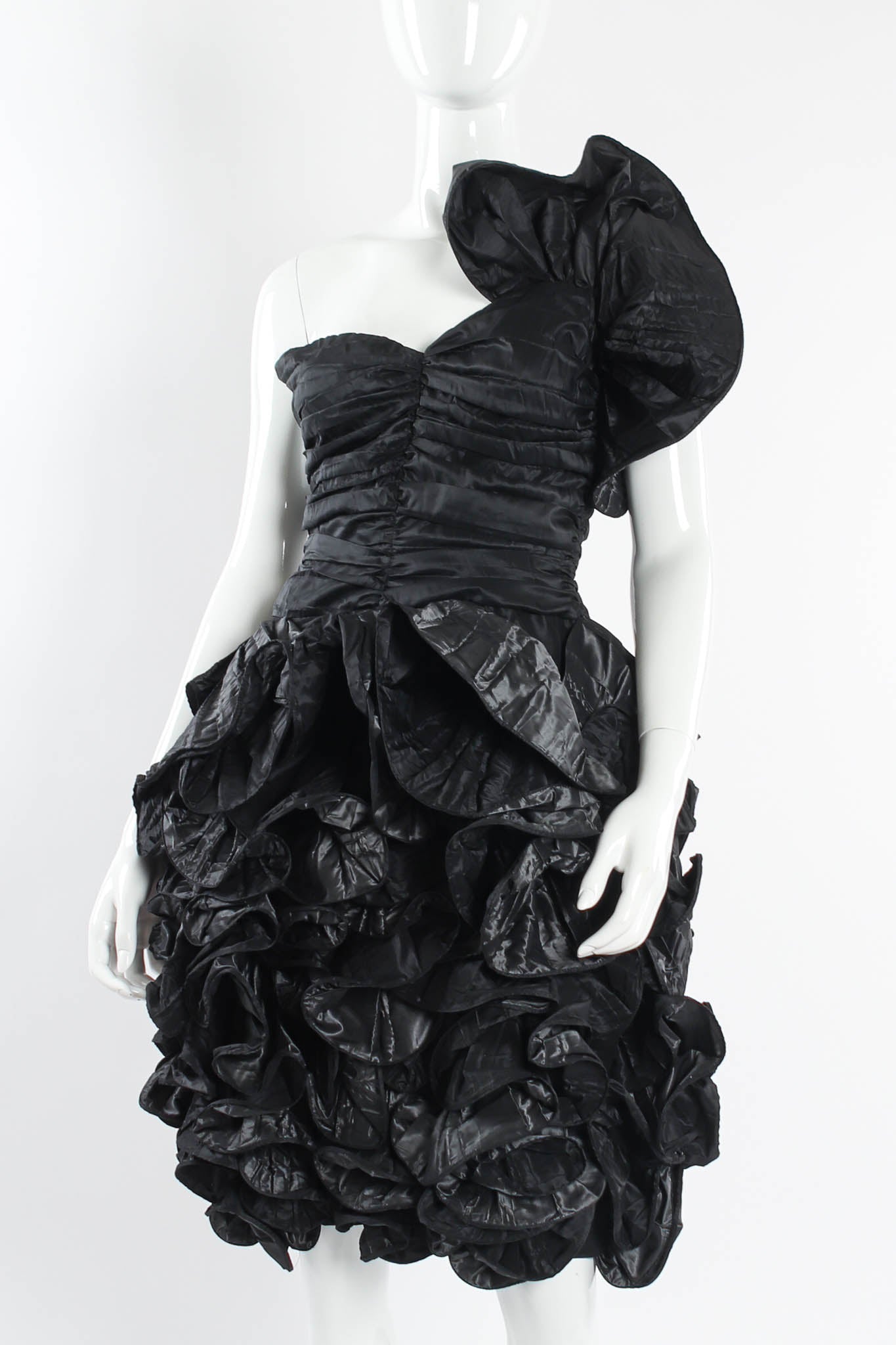 Vintage Christian Dior 1985 A/W Silk Taffeta Ruffle Dress mannequin angle close @ Recess LA