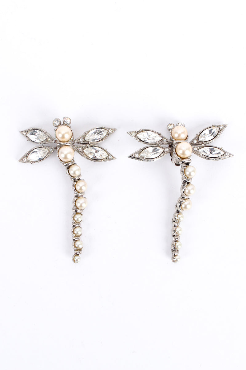 Vintage Christian Dior Crystal Pearl Dragonfly Earrings front flat @ Recess LA