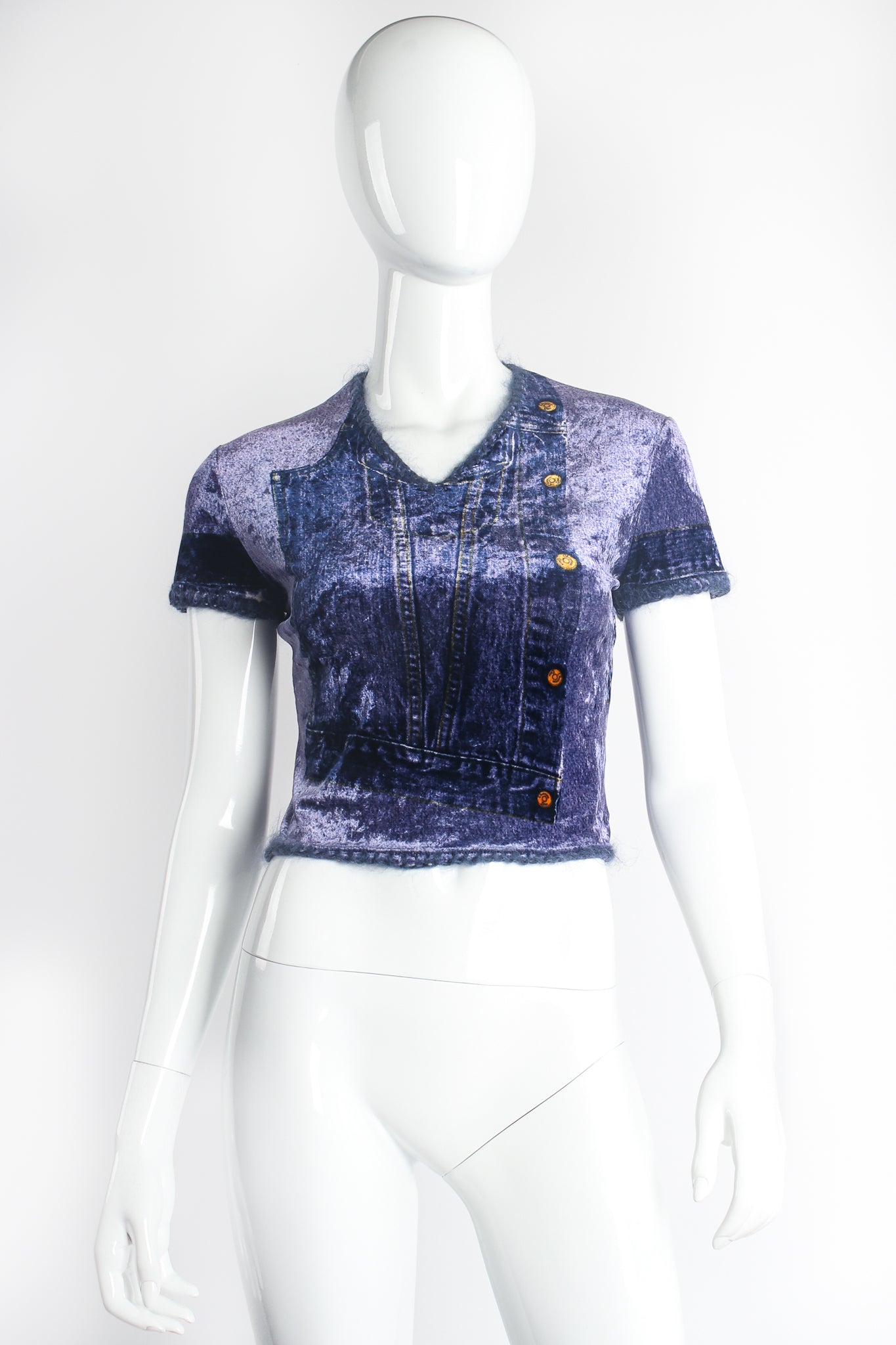 Vintage John Galliano Christian Dior 2000 Denim Trompe L'oeil Top on mannequin front at Recess LA