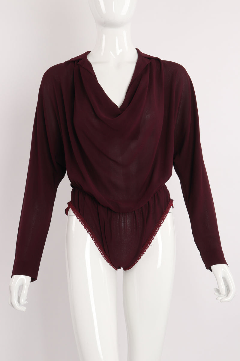 Vintage Donna Karan Silk Crepe Cowl Bodysuit on Mannequin front at Recess Los Angeles