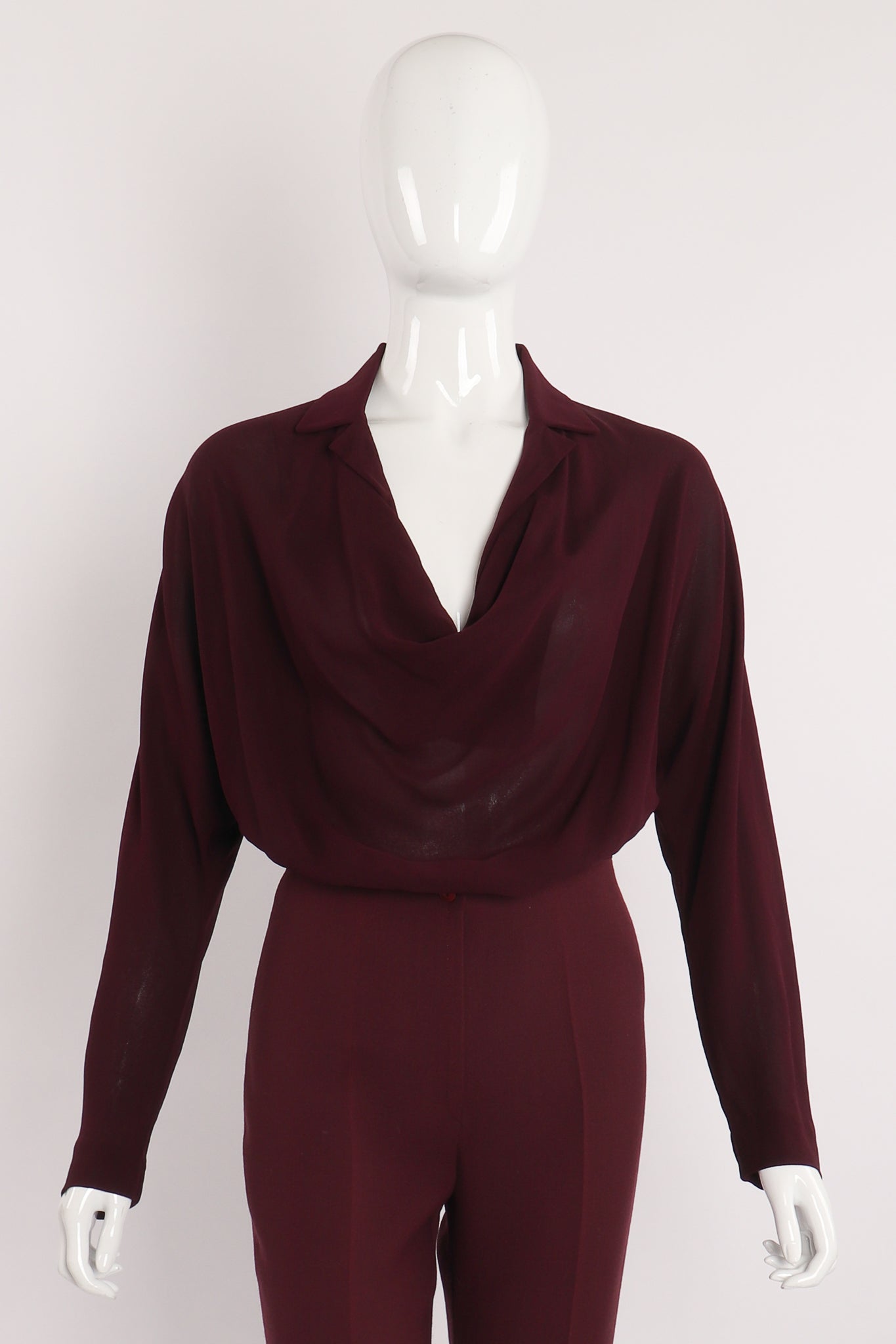 Vintage Donna Karan Silk Crepe Cowl Bodysuit on Mannequin front at Recess Los Angeles