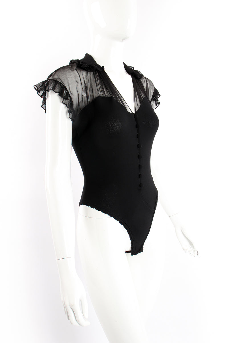 Vintage Donna Karan Chiffon Ruffle Illusion Bodysuit on Mannequin angle crop at Recess Los Angeles