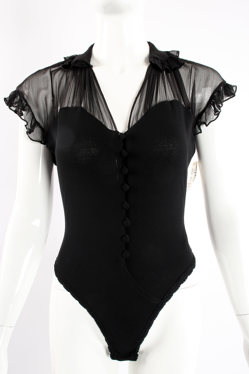 Vintage Donna Karan Chiffon Ruffle Illusion Bodysuit on Mannequin front crop at Recess Los Angeles