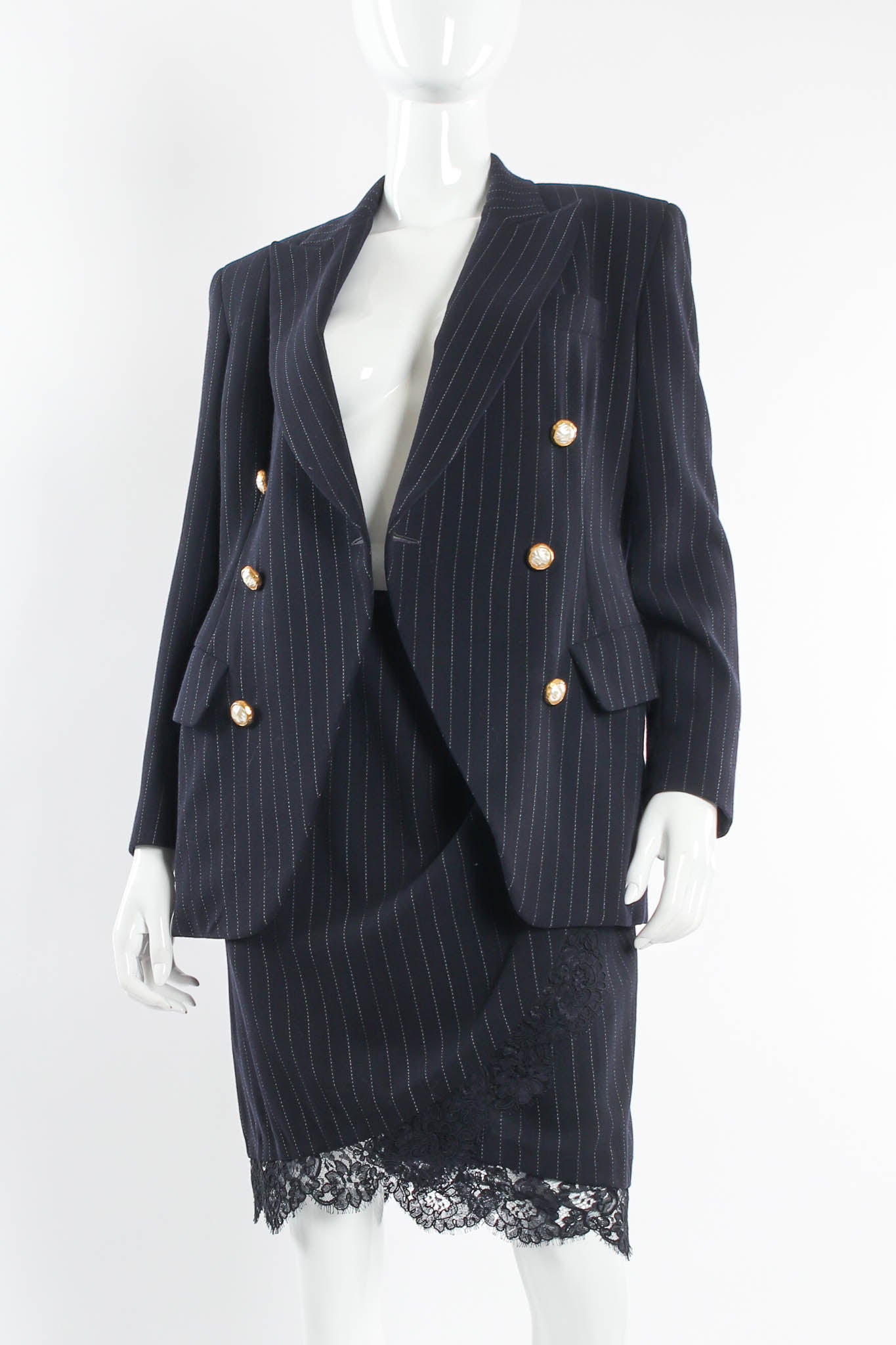 Vintage Donna Karan DKNY Pinstripe Lace Blazer & Skirt Set mannequin angle @ Recess Los Angeles