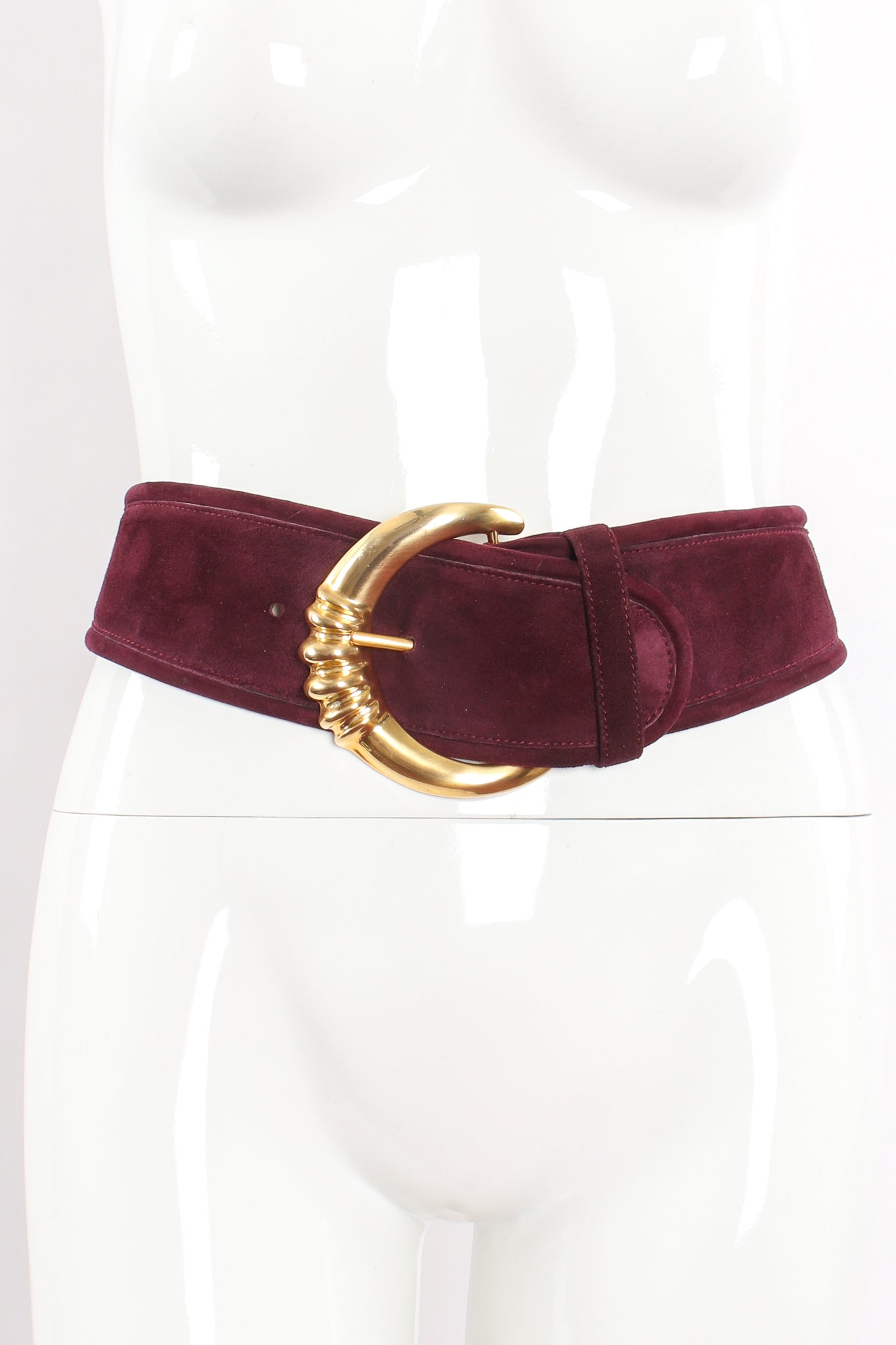 Vintage Donna Karan Plum Suede Contour Belt on mannequin at Recess Los Angeles