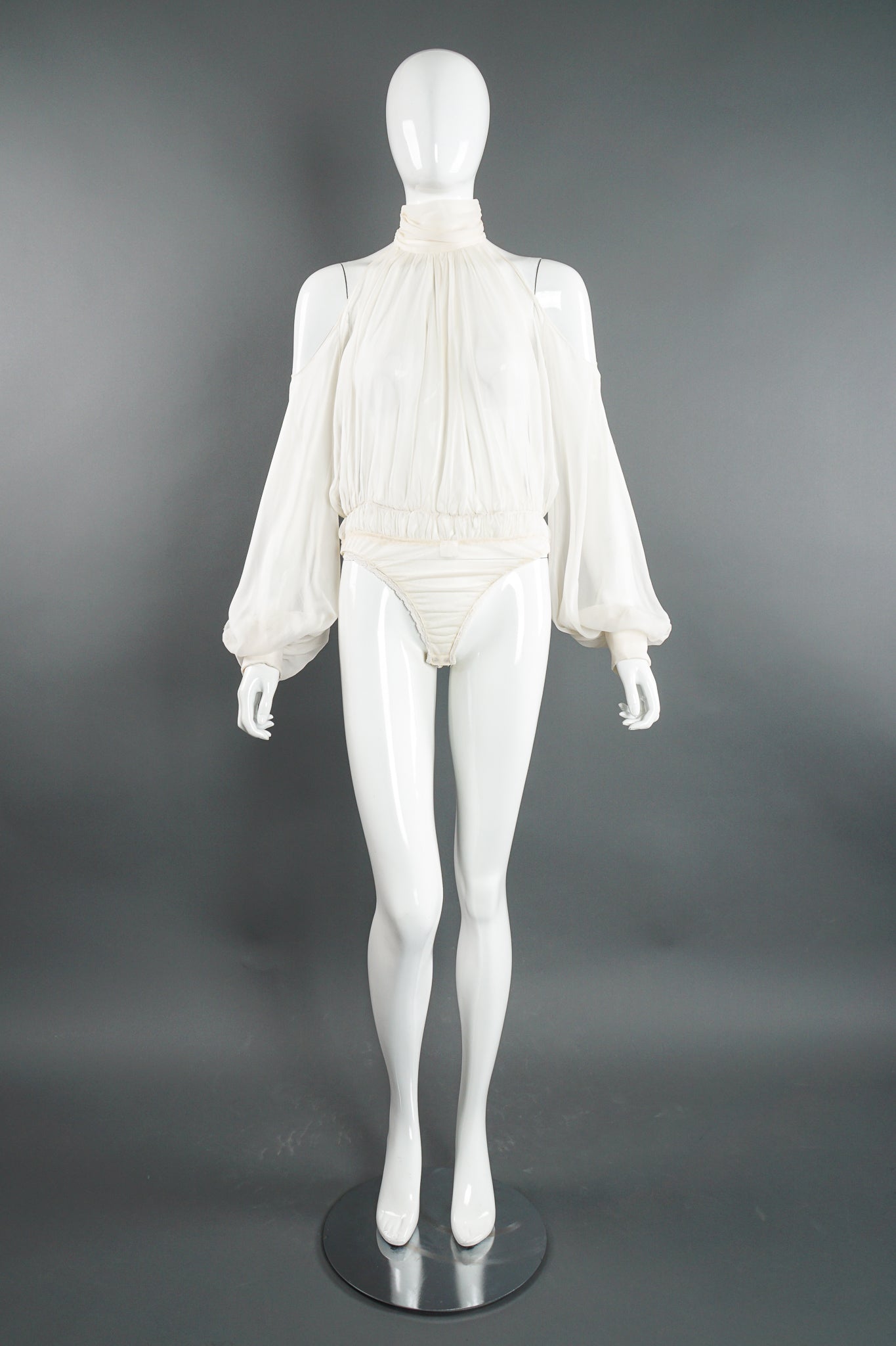 Vintage Donna Karan Sheer Chiffon Balloon Sleeve Bodysuit on Mannequin front at Recess LA