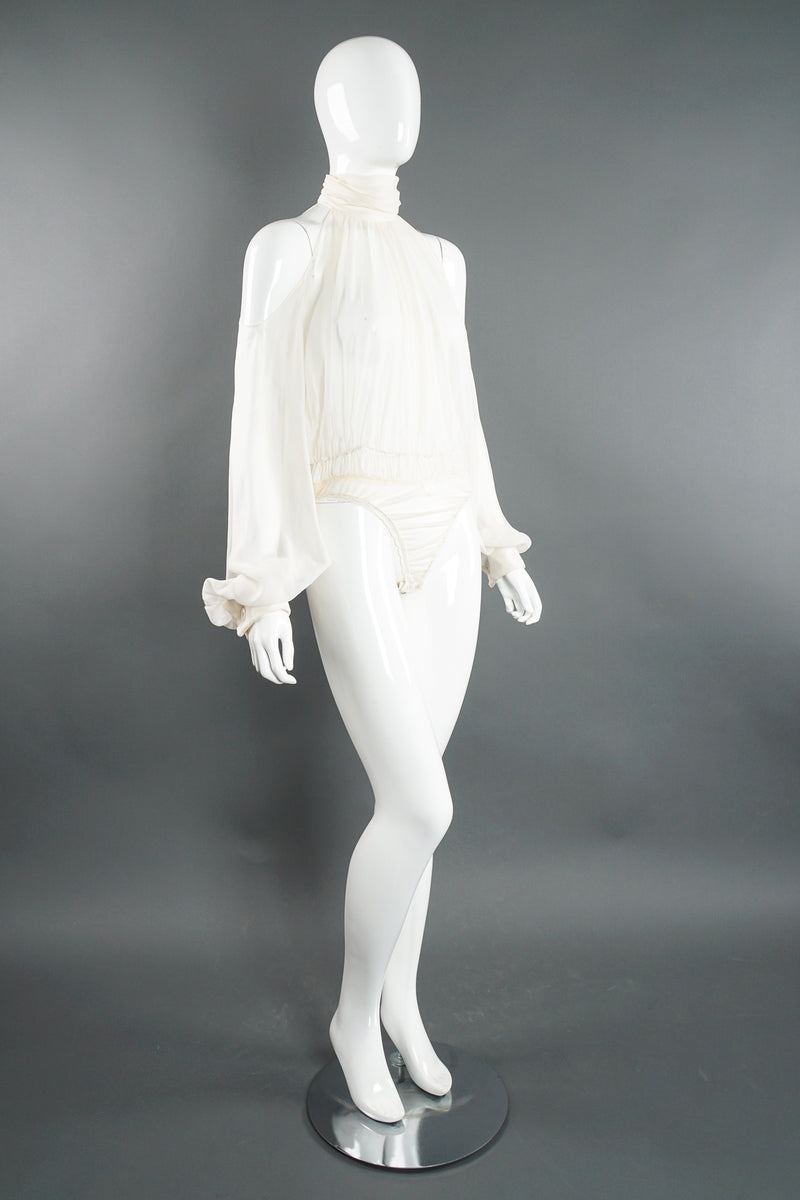 Vintage Donna Karan Sheer Chiffon Balloon Sleeve Bodysuit on Mannequin angle at Recess LA