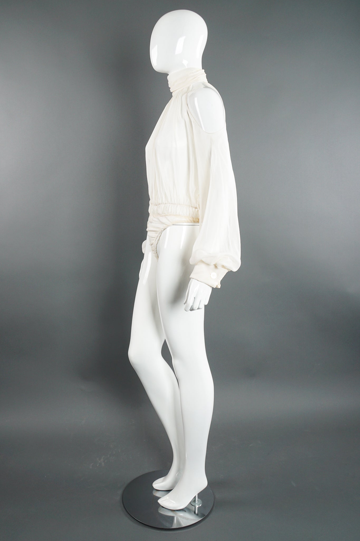 Vintage Donna Karan Sheer Chiffon Balloon Sleeve Bodysuit on Mannequin side at Recess LA