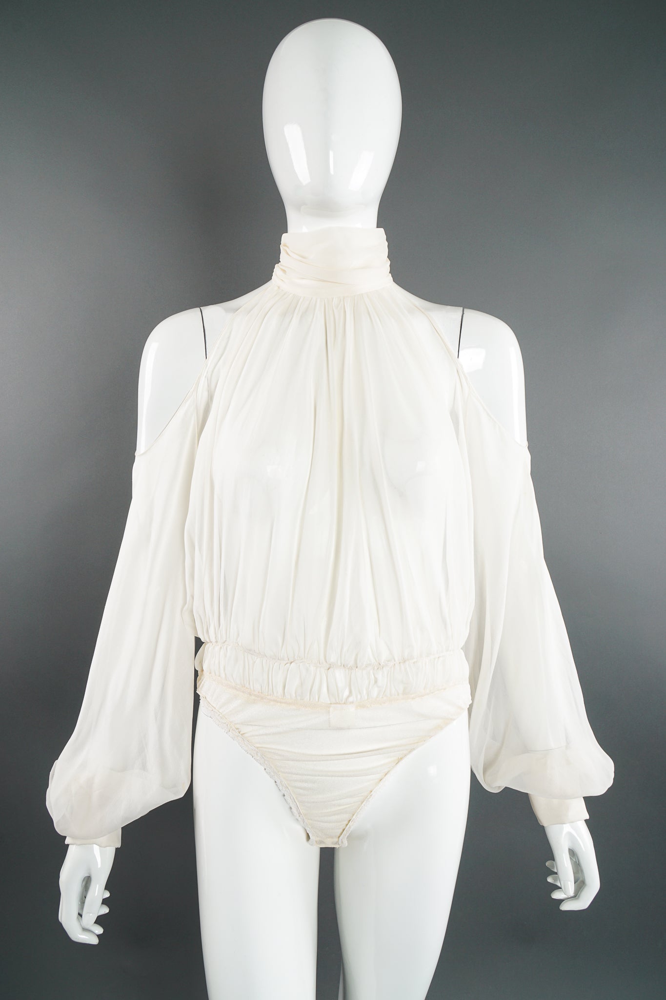 Vintage Donna Karan Sheer Chiffon Balloon Sleeve Bodysuit on Mannequin front crop at Recess LA