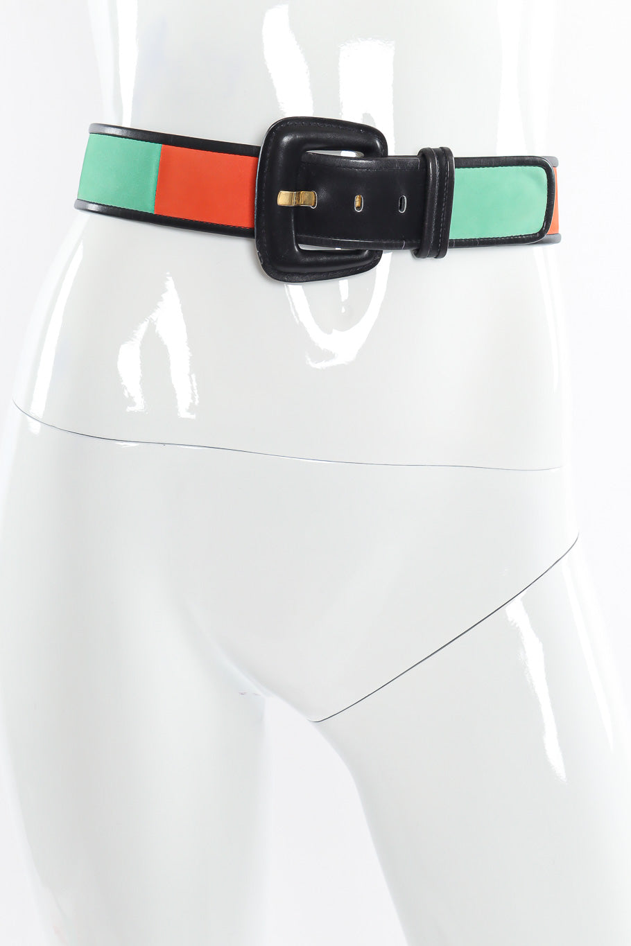 Black leather and suede color block belt by Escada mannequin front @recessla