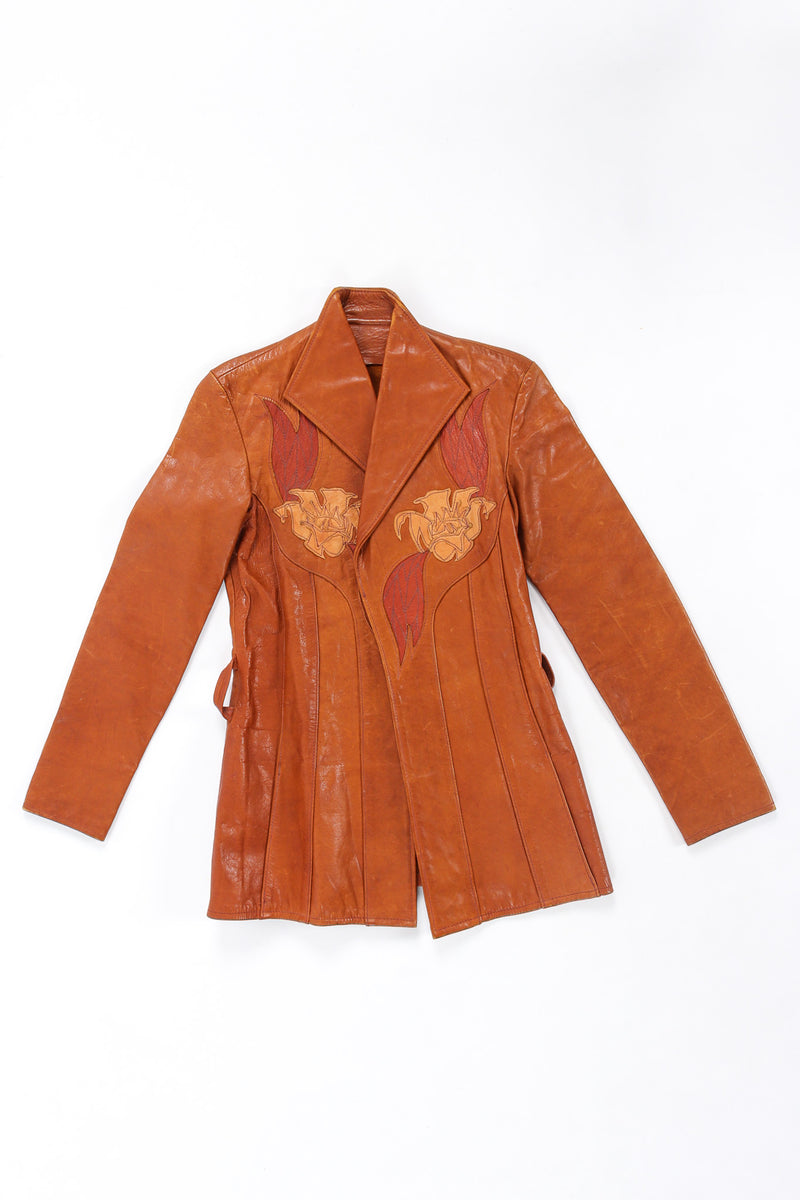 Vintage East West Musical Instruments Floral Appliqué Leather Jacket front flat lay @ Recess LA