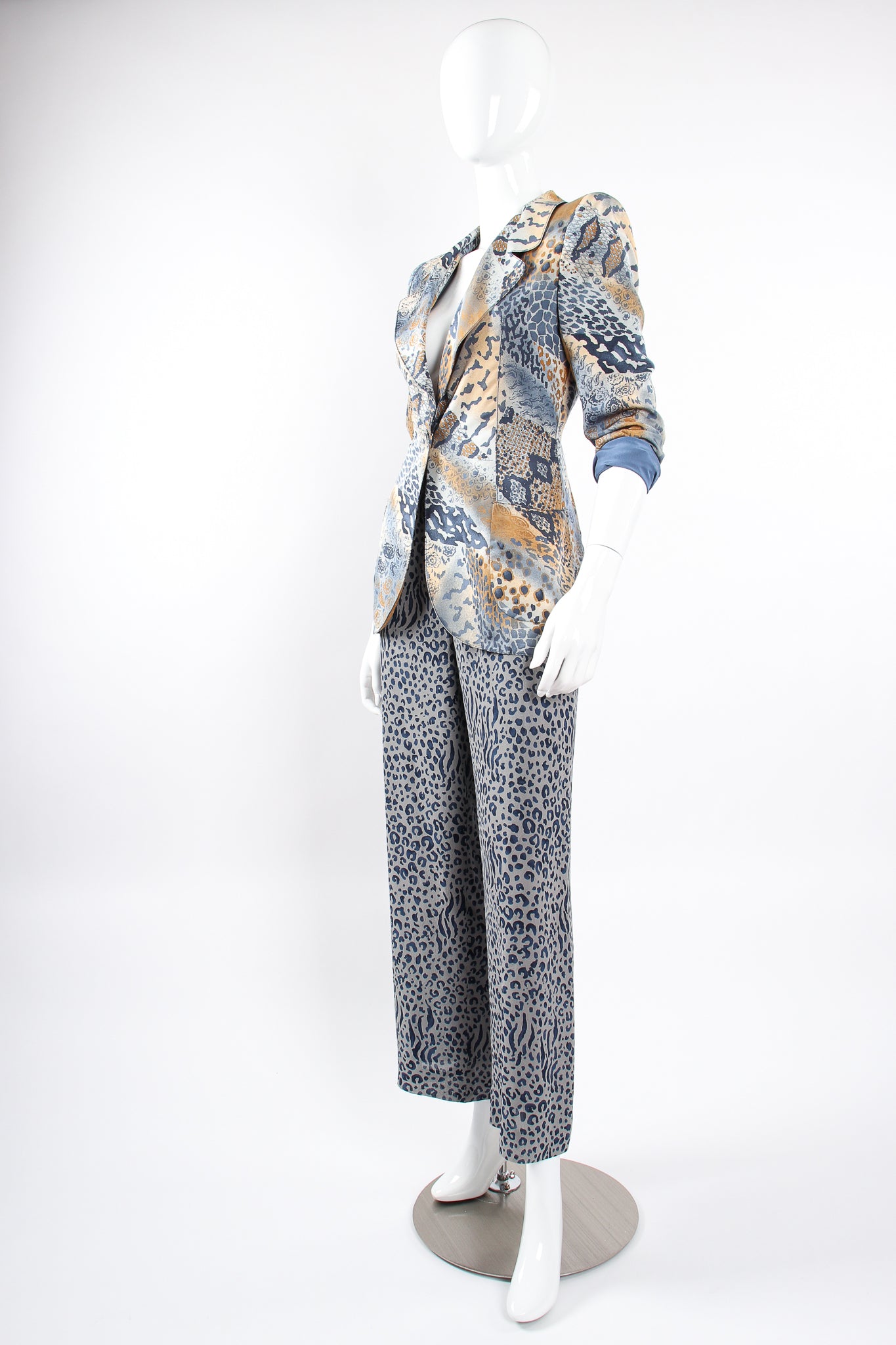 Vintage Emanuel Ungaro Mixed Animal Print Jacket & Pant Set on Mannequin angle at Recess LA