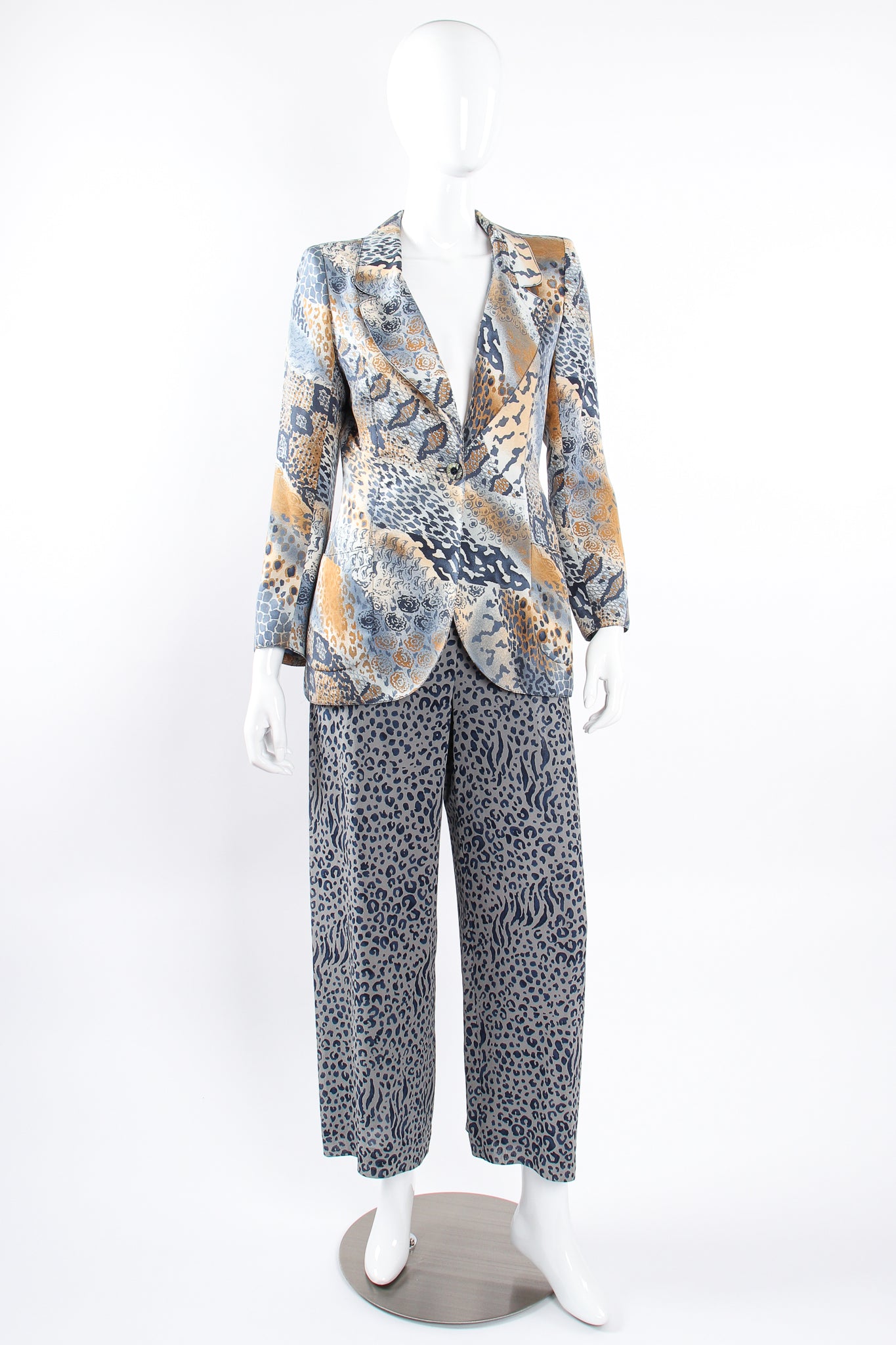 Vintage Emanuel Ungaro Mixed Animal Print Jacket & Pant Set on Mannequin front at Recess LA