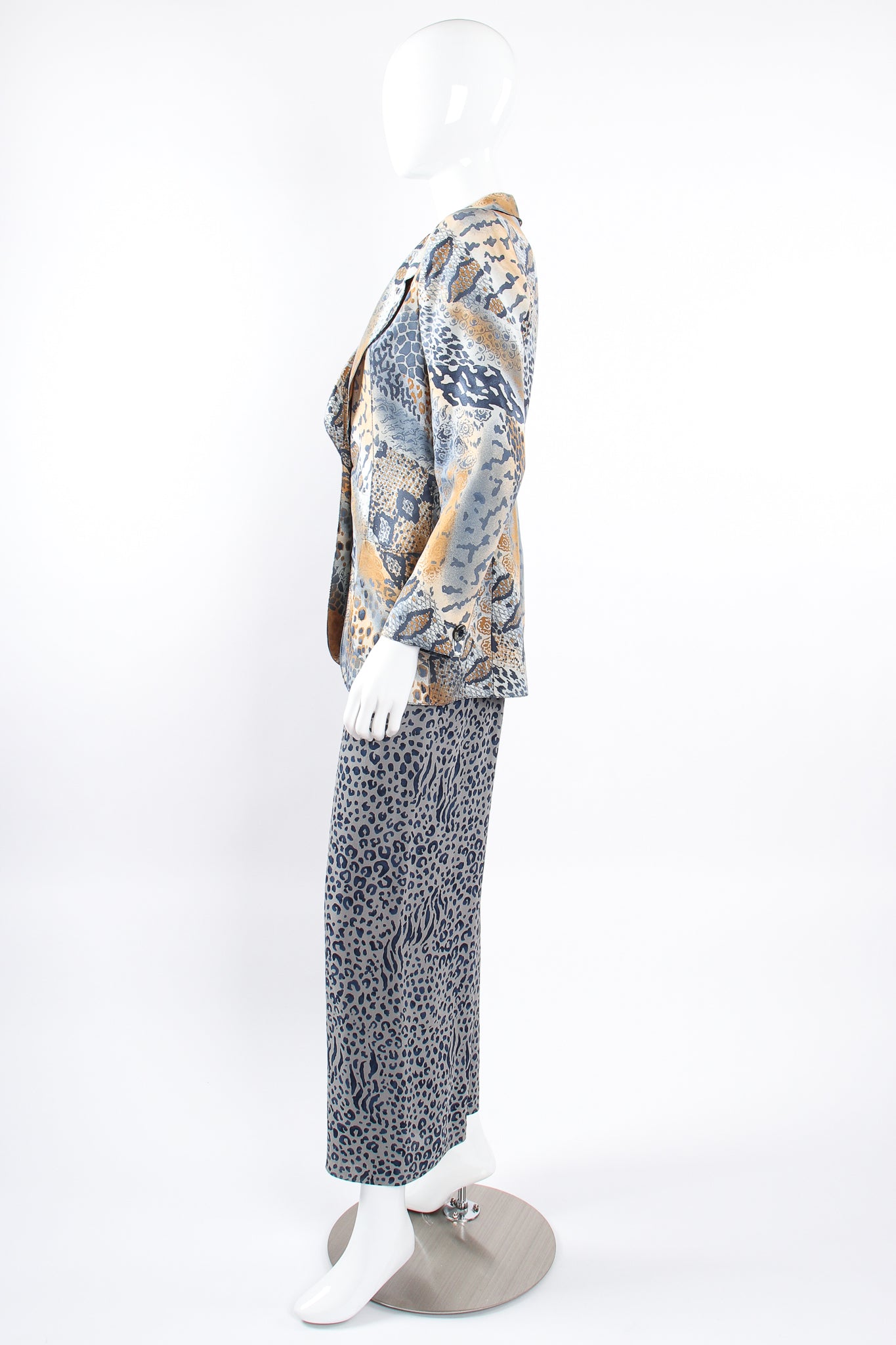 Vintage Emanuel Ungaro Mixed Animal Print Jacket & Pant Set on Mannequin side at Recess LA