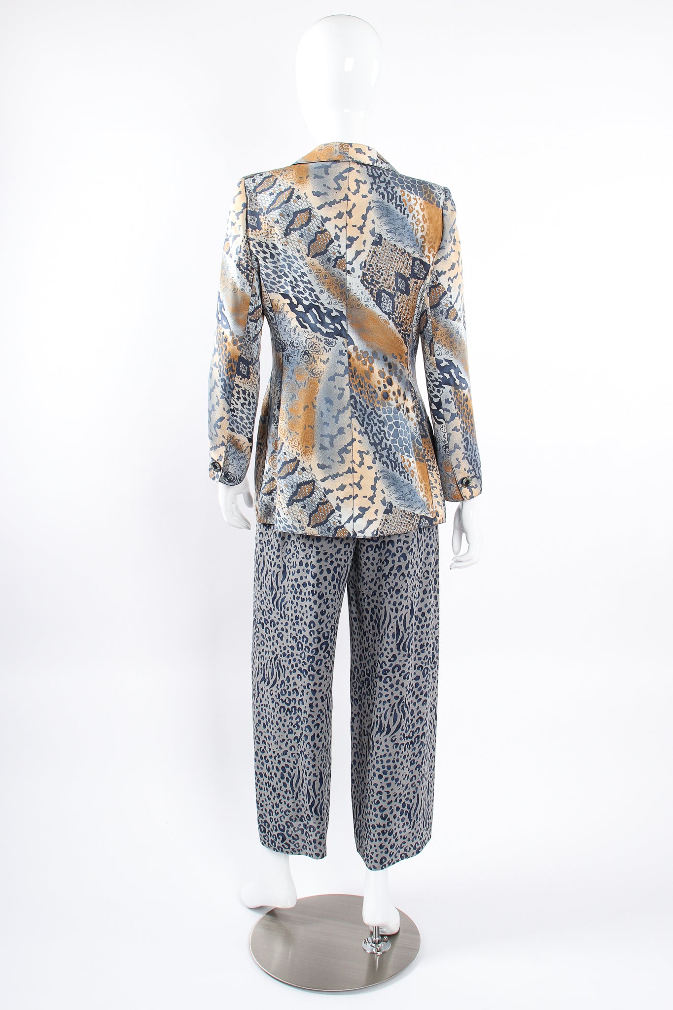 Vintage Emanuel Ungaro Mixed Animal Print Jacket & Pant Set on Mannequin back at Recess LA