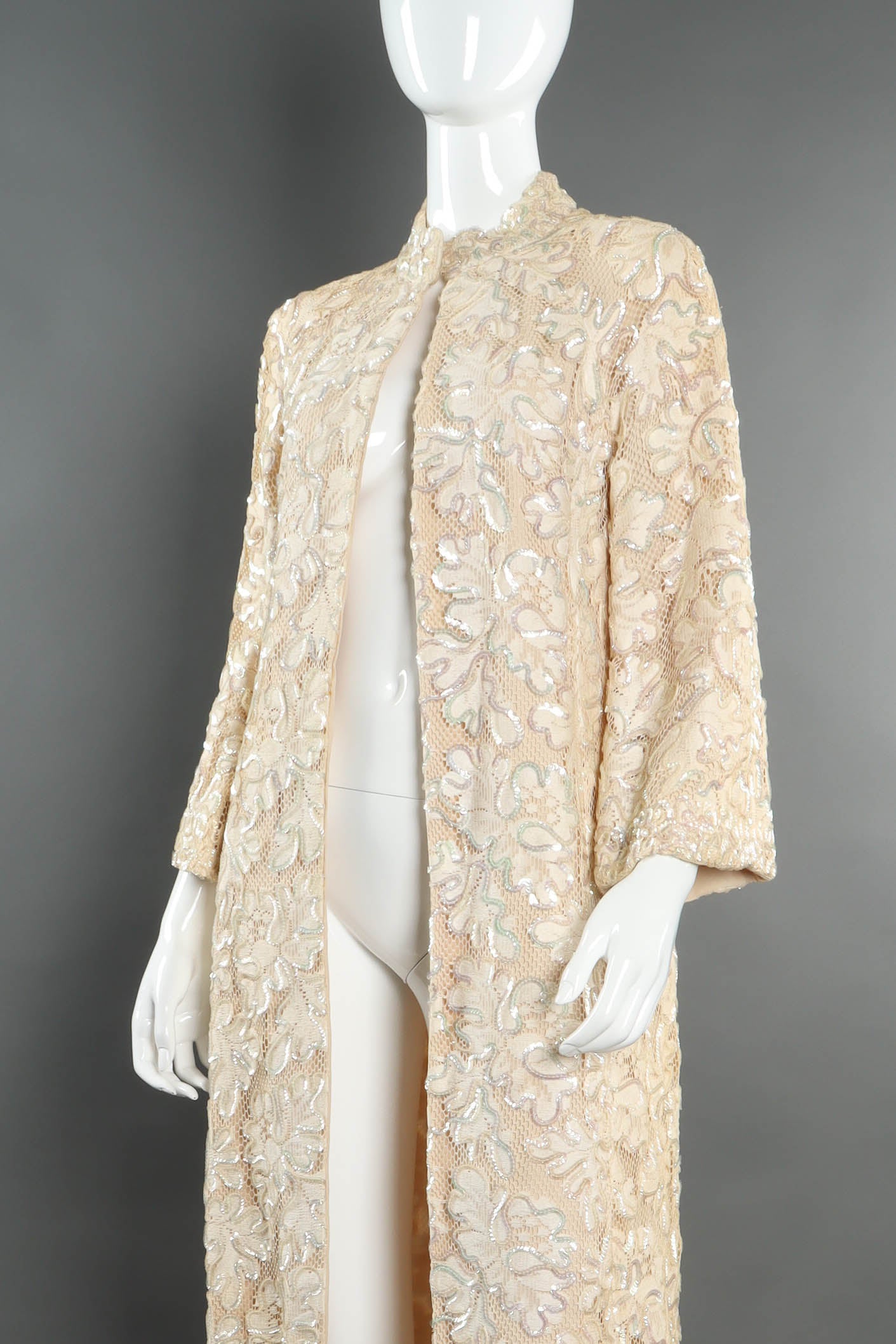 Vintage Emma Domb Lace Floral Sequin Duster mannequin front close @ Recess Los Angeles