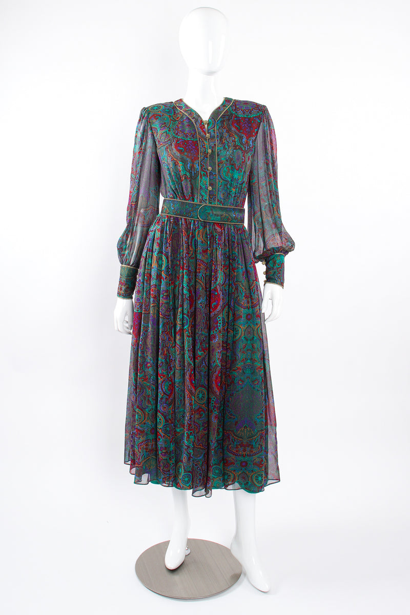 Vintage Enrico Gelini Paisley Silk Chiffon Shirtwaist Dress on Mannequin front at Recess LA