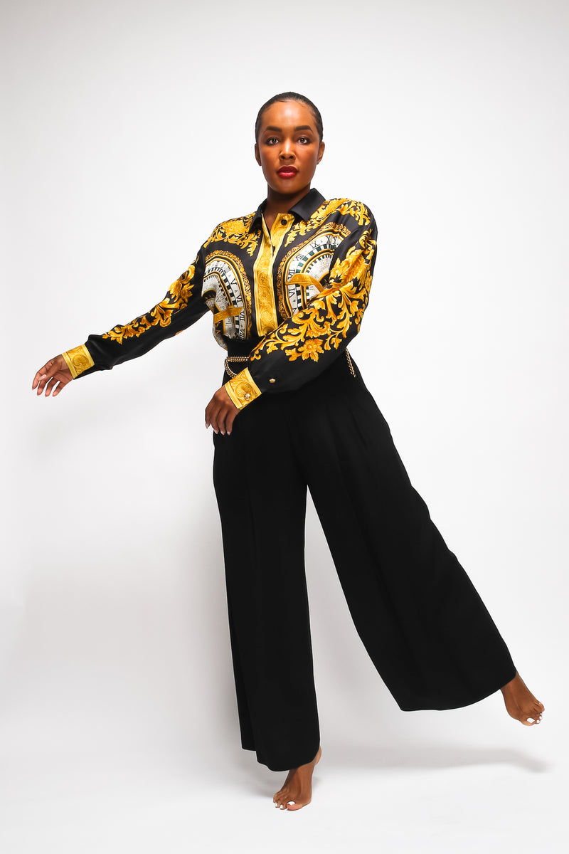 Brittany Hampton in Vintage Escada Corset Waist Wide Leg Pant and baroque blouse at Recess LA