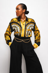 Brittany Hampton in Vintage Escada Silk Baroque Sun Dial Shirt Versace Inspired at Recess LA