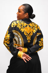 Brittany Hampton in Vintage Escada Silk Baroque Sun Dial Shirt Versace Inspired at Recess LA