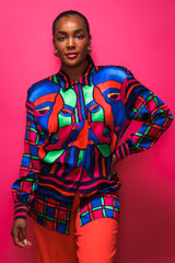 Brittany Hampton in Vintage Escada Expressionist Portrait Print Silk Shirt on pink at Recess LA