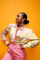 Brittany Hampton in Vintage Escada Pastel Baroque Blossom Shirt on orange Recess Los Angeles