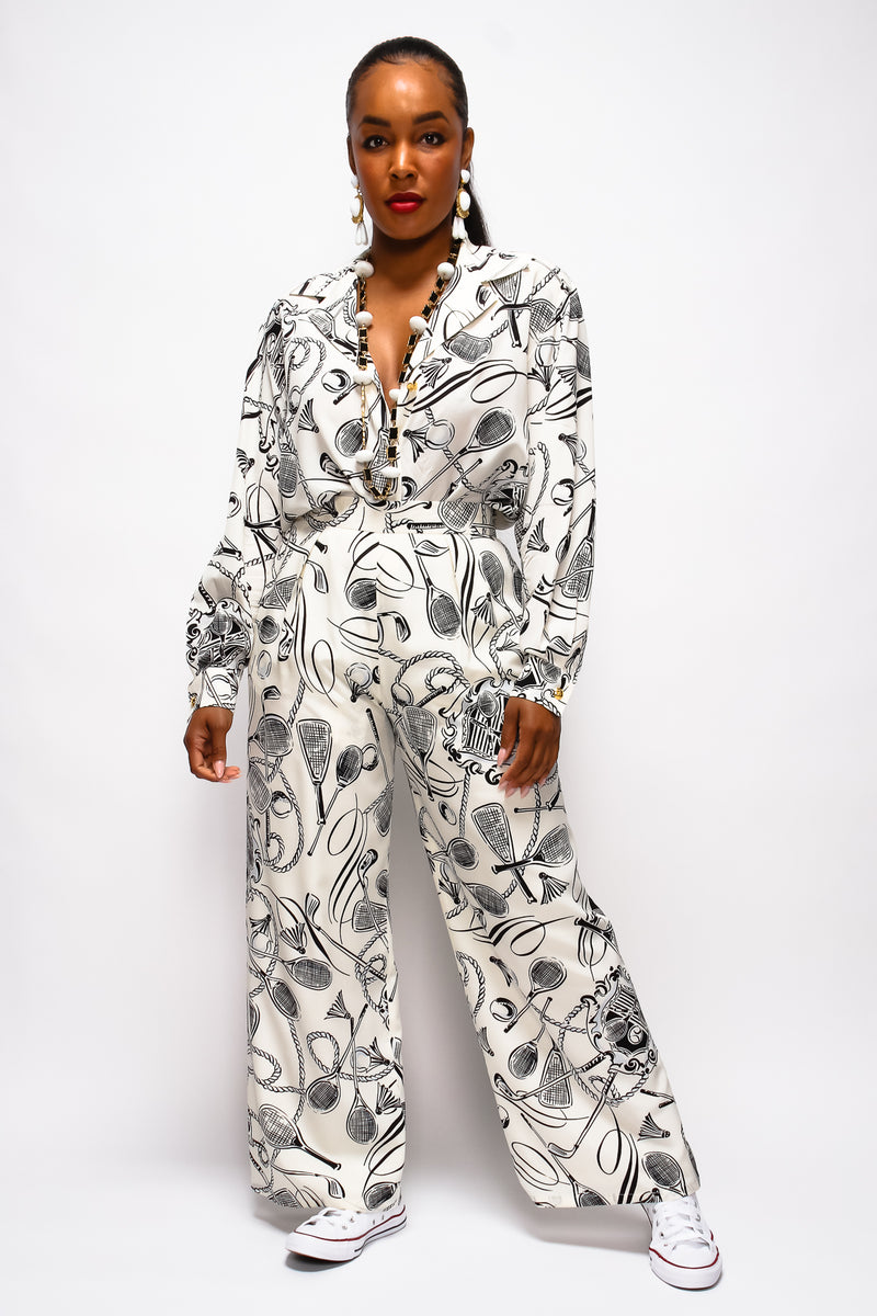 Brittany Hampton in Vintage Escada Tennis Racquet Sport Print Silk Pant & matching suit @ Recess LA