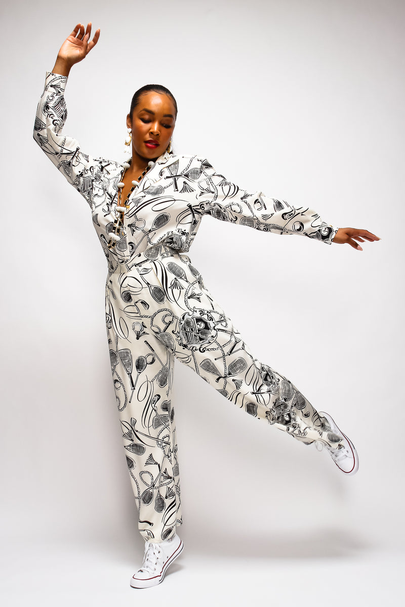 Brittany Hampton in Vintage Escada Tennis Racquet Sport Print Silk Pant & matching suit @ Recess LA