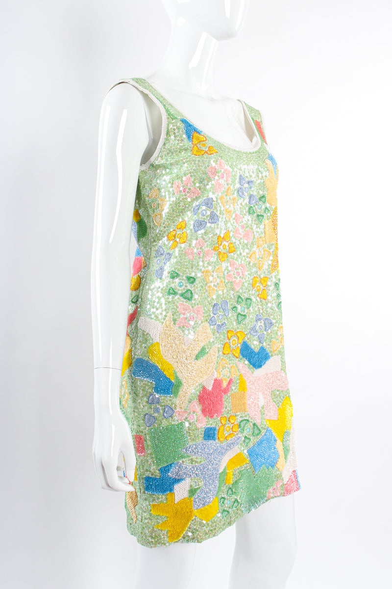 Vintage Escada Abstract Garden Sequined Dress on Mannequin angle crop at Recess Los Angeles