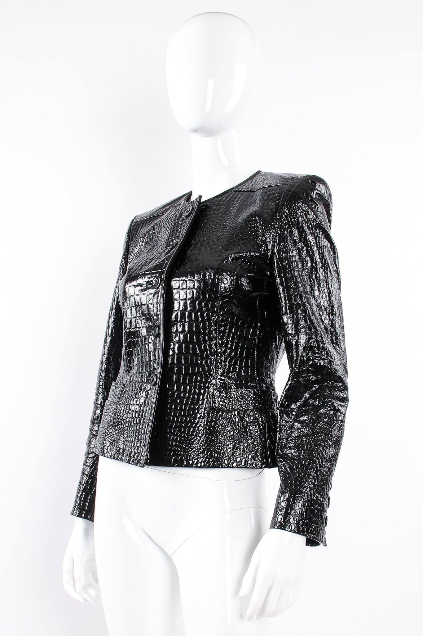 Vintage Escada Patent Leather Embossed Gator Jacket on Mannequin angle at Recess Los Angeles