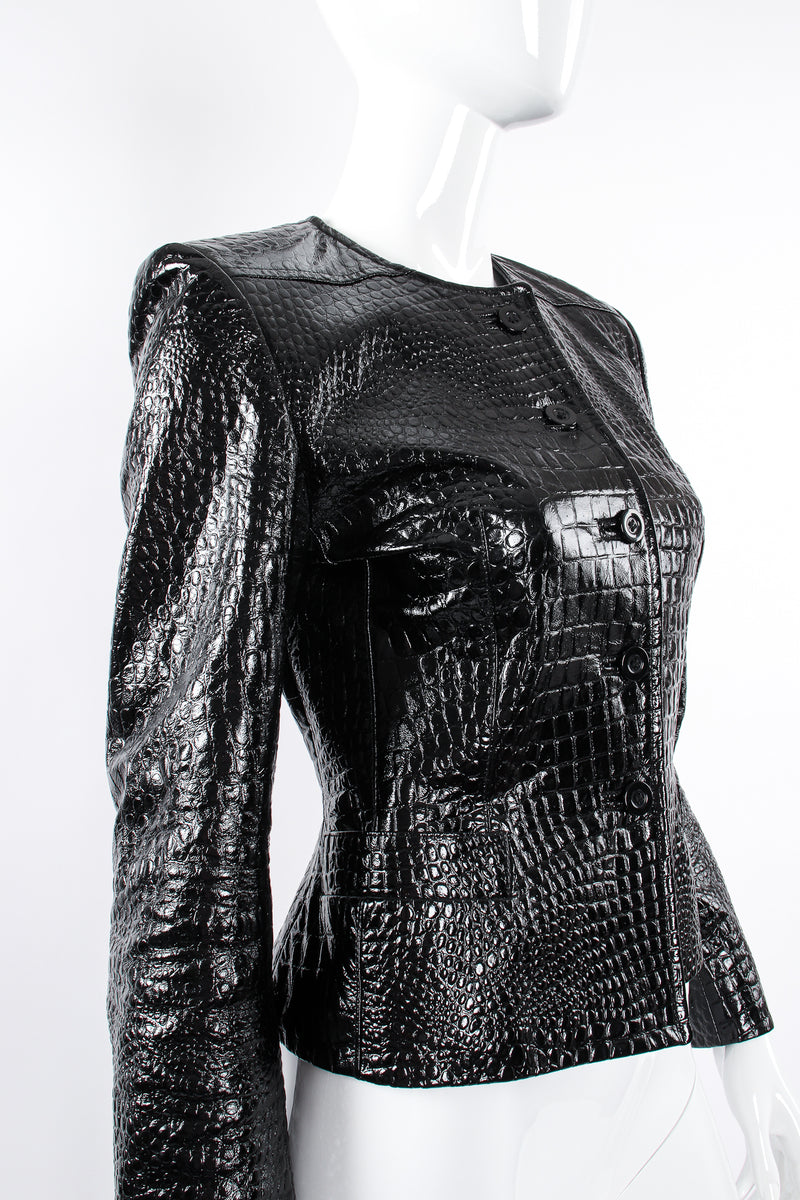 Vintage Escada Patent Leather Embossed Gator Jacket on Mannequin angle at Recess Los Angeles