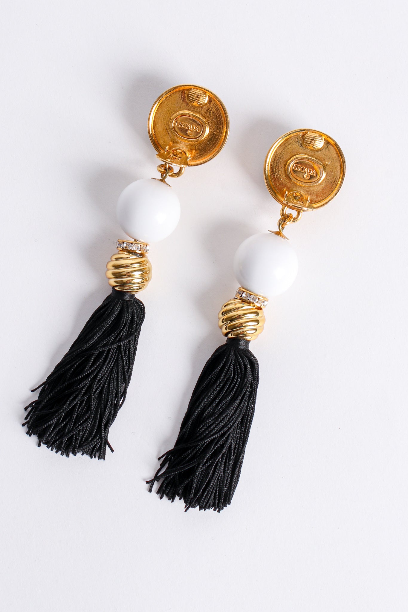 Vintage Escada Tassel Ball Drop Earrings backside at Recess Los Angeles