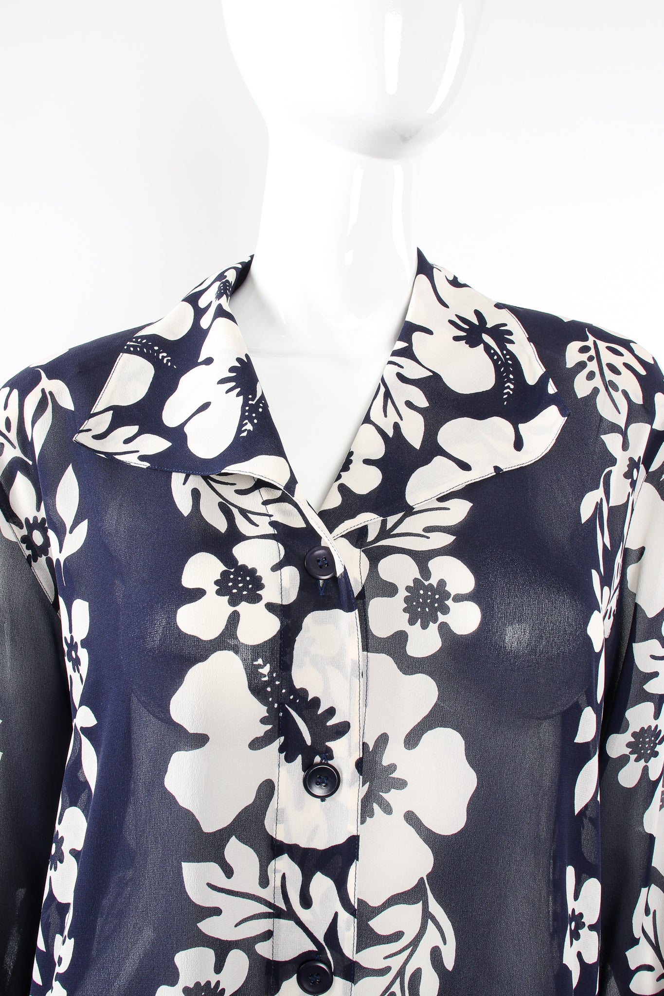 Vintage Escada Aloha Sheer Silk Chiffon Duster on Mannequin collar at Recess Los Angeles