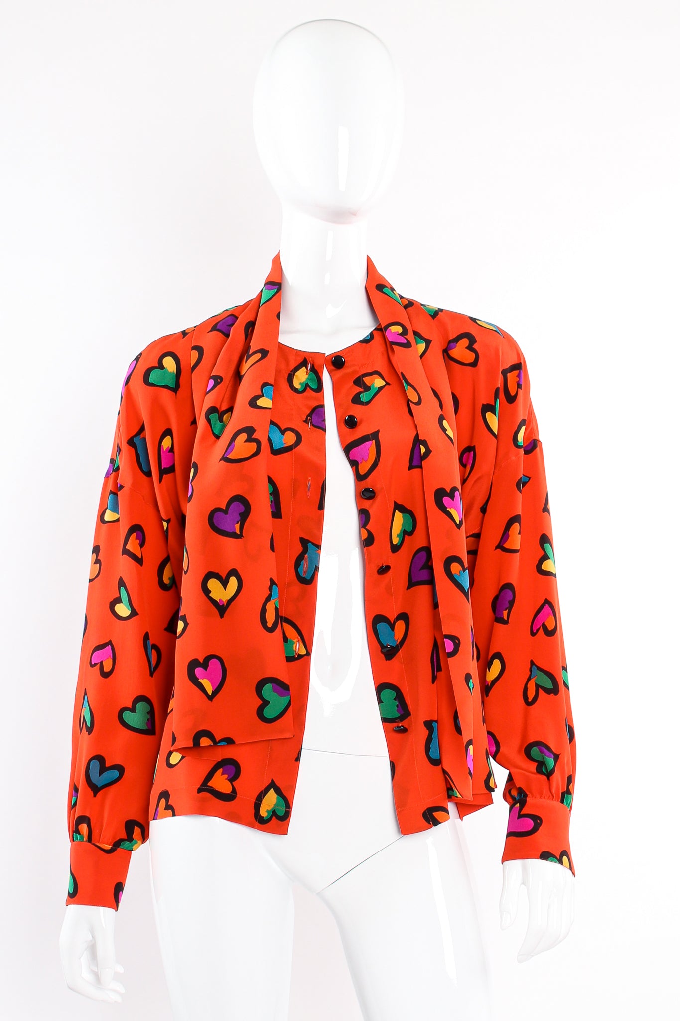 Vintage Escada Graffiti Heart Print Silk Blouse on Mannequin open at Recess Los Angeles