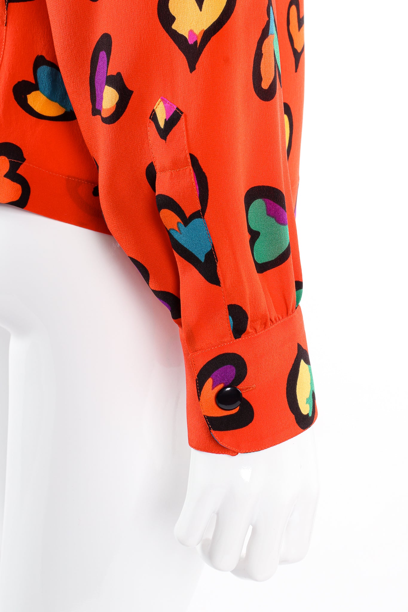 Vintage Escada Graffiti Heart Print Silk Blouse on Mannequin sleeve cuff at Recess Los Angeles