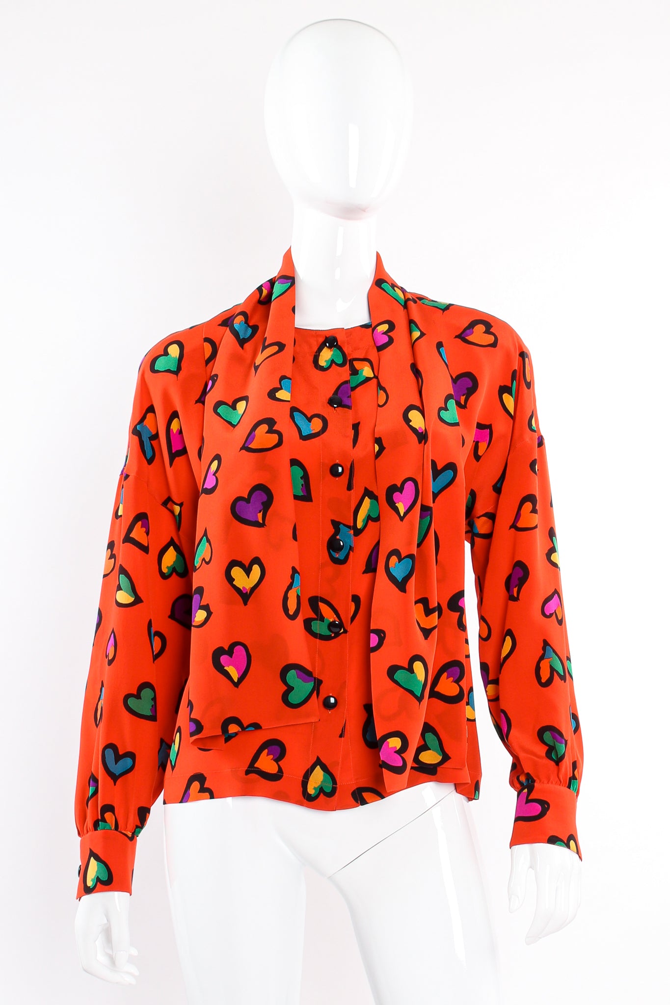 Vintage Escada Graffiti Heart Print Silk Blouse on Mannequin front untie at Recess Los Angeles