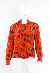 Vintage Escada Graffiti Heart Print Silk Blouse on Mannequin front untie at Recess Los Angeles