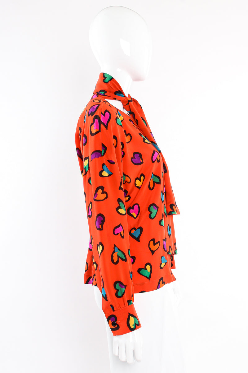 Vintage Escada Graffiti Heart Print Silk Blouse on Mannequin side at Recess Los Angeles